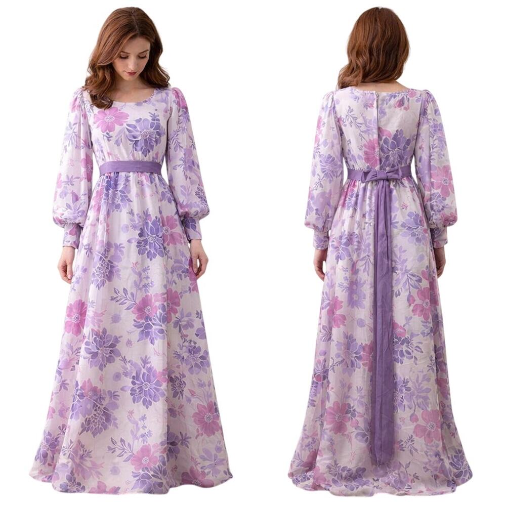 Vintage 60s Emma Domb Purple Floral Empire Waist Prom Bridesmaid Dress